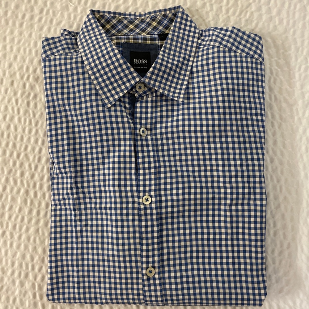 HUGO‎ BOSS Reg Fit Obert (Gingham) Check Cotton Sport Shirt In Blue Size L $145